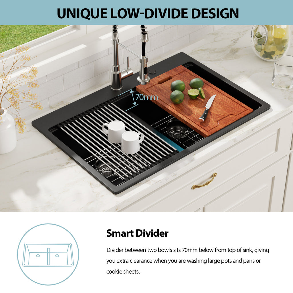 Logmey 33x19 Seamless Black Quartz Culinary Workstation Kitchen Sink Combo