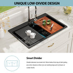 Logmey 33x19 Seamless Black Quartz Culinary Workstation Kitchen Sink Combo