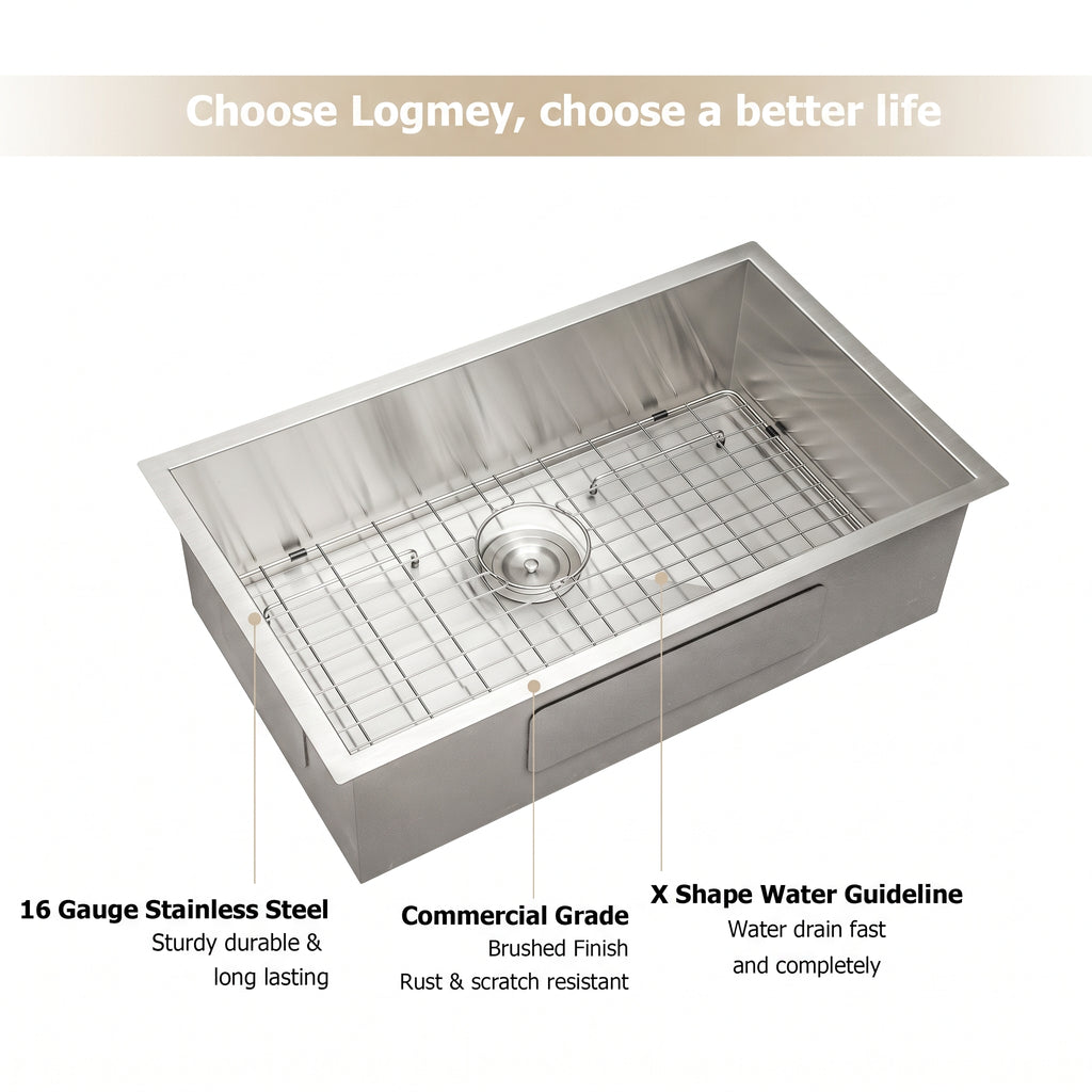 Logmey 32 Inch 16 Gauge Stainless Steel Undermount Kitchen Sink
