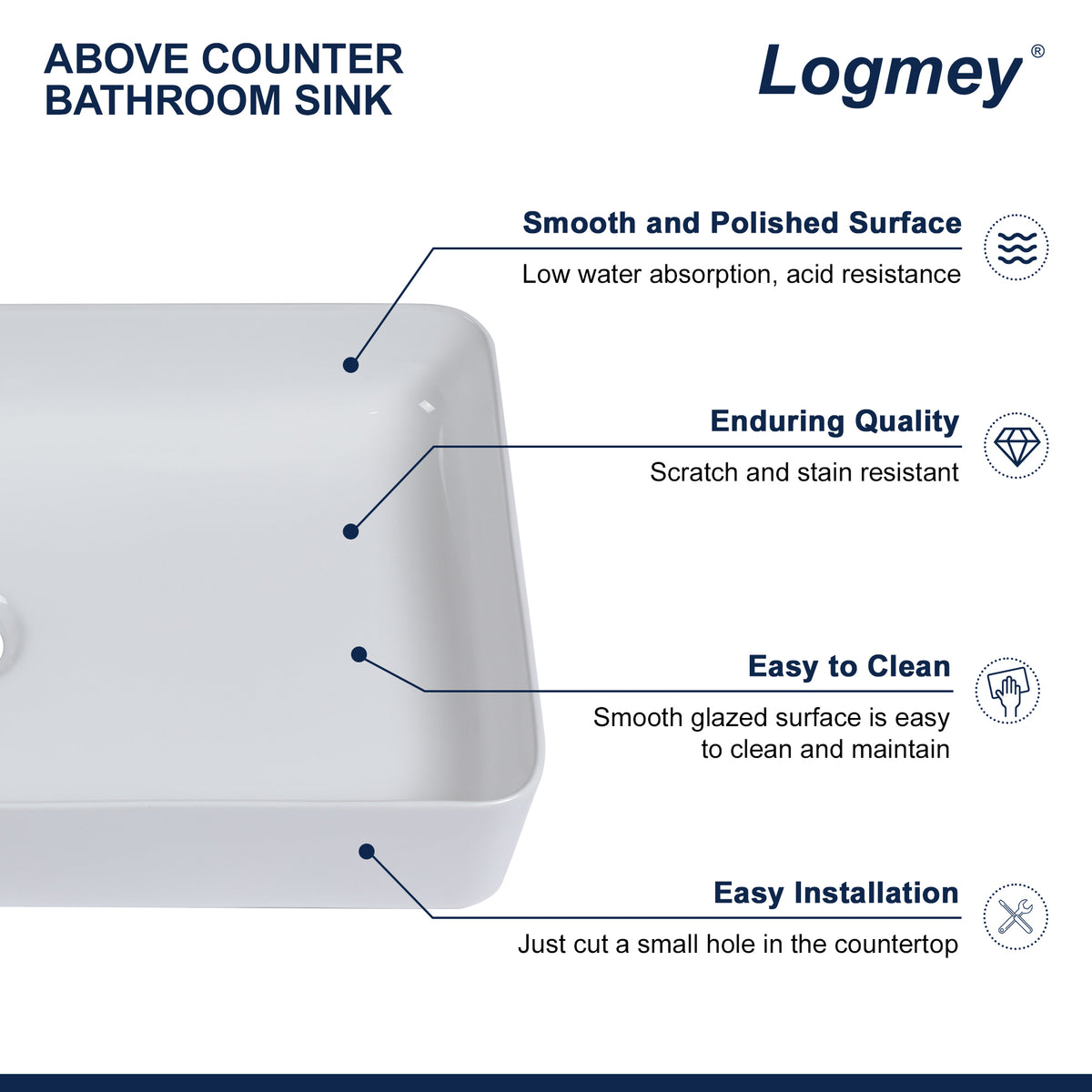 Logmey 24'' x 14''Rectangular Bathroom Vessel Sink - White Ceramic Above-Counter Vanity Art Basin