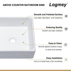 Logmey 15" x 15" Square Bathroom Vessel Sink - White Ceramic Above-Counter Vanity Art Basin