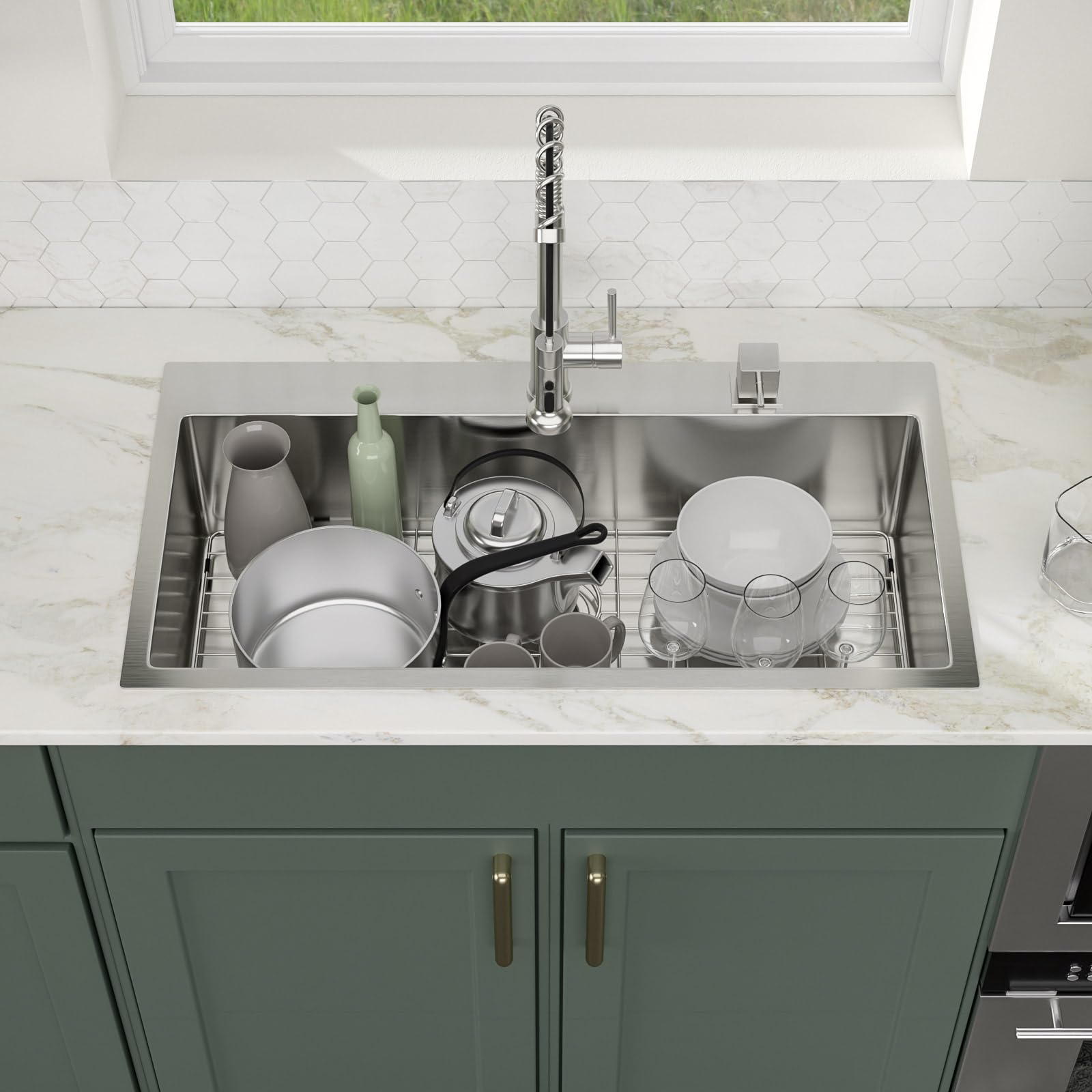Logmey 36'' Kitchen Sink - Drop-In Round Corner Single Bowl - Silver Stainless Steel