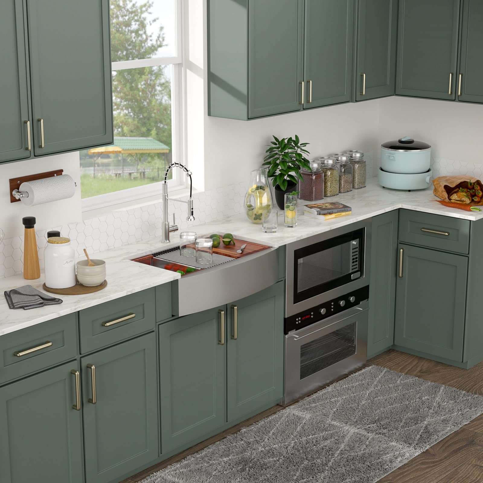 Logmey 33'' Workstation Farmhouse Sink - Apron Front Single Bowl Ledge - Silver Stainless Steel