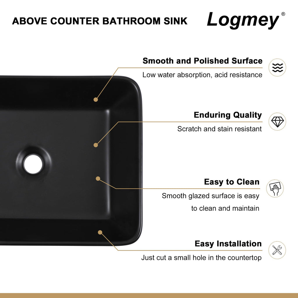 Logmey 19''x15'' Bathroom Sink - Above Counter Vessel Single Bowl - Black Porcelain Ceramic