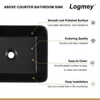 Logmey 19''x15'' Bathroom Sink - Above Counter Vessel Single Bowl - Black Porcelain Ceramic