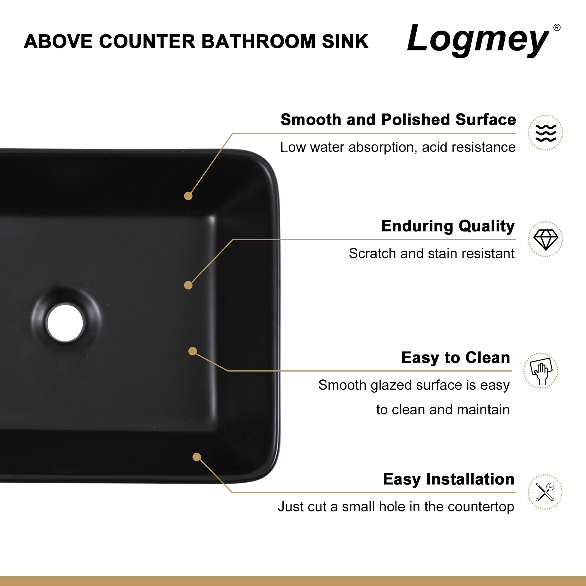 Logmey 19x15 Inch Black Sink Bowl Above Counter Ceramic Porcelain Bathroom Vessel Sink