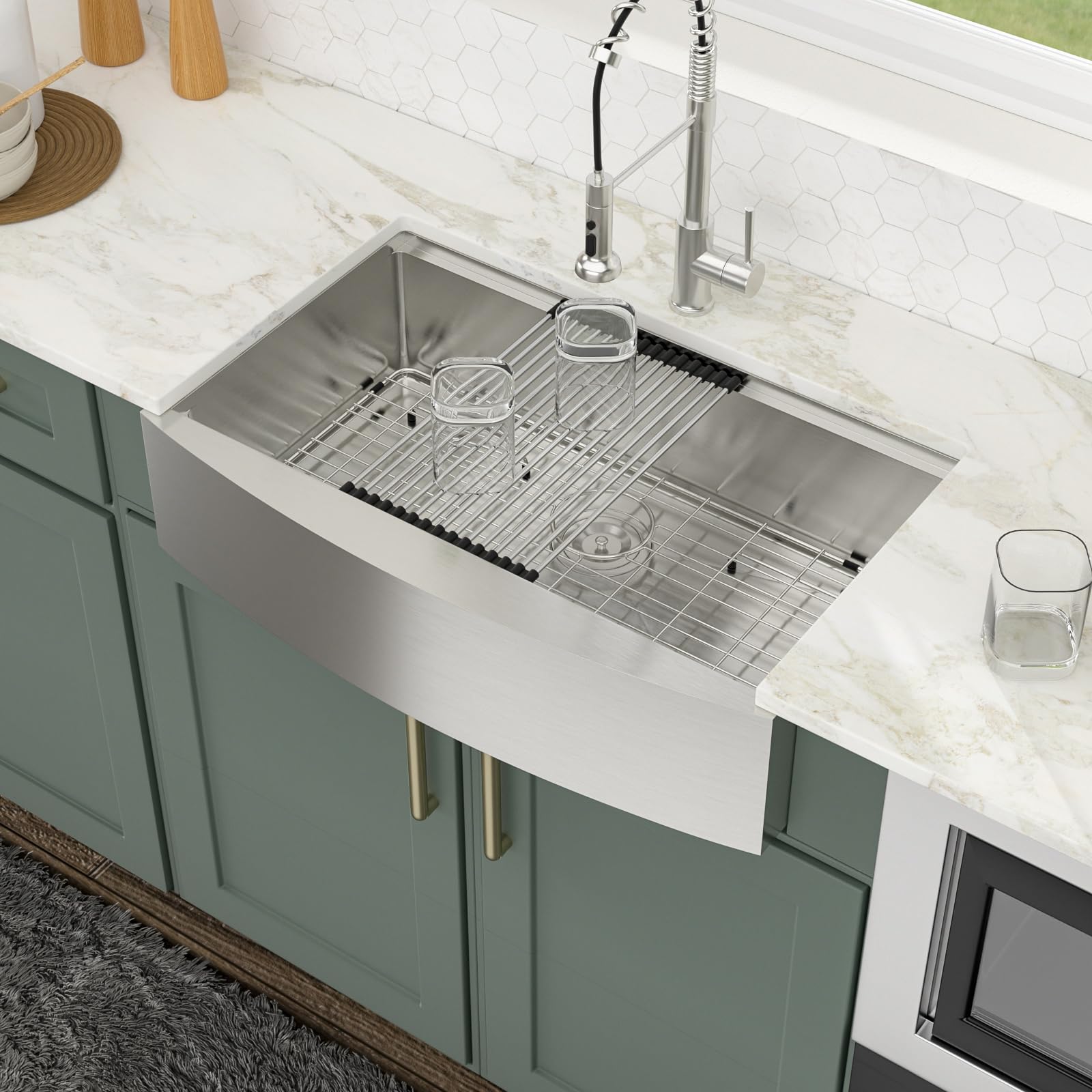 Logmey 33'' Workstation Farmhouse Sink - Apron Front Single Bowl Ledge - Silver Stainless Steel