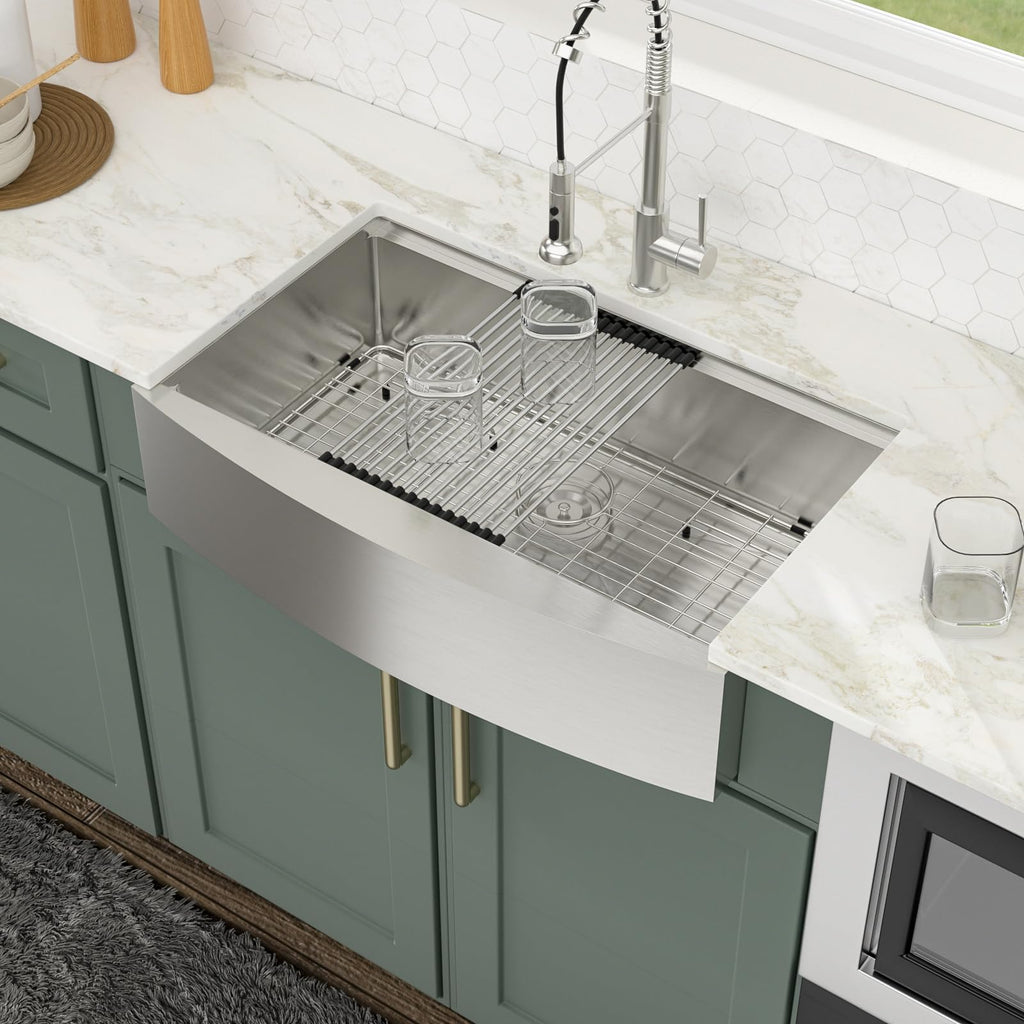 Logmey 36'' Workstation Farmhouse Sink - Apron Front Single Bowl - Silver Stainless Steel