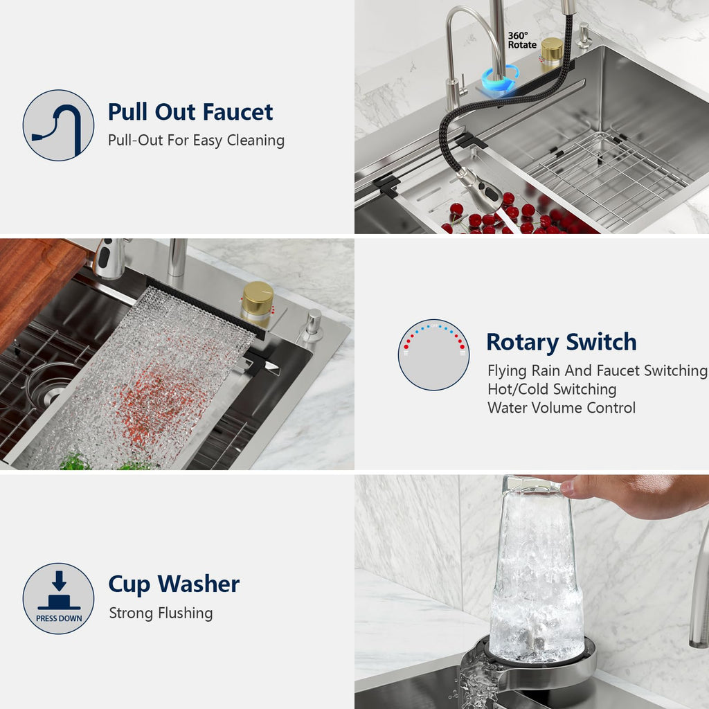 Logmey 33'' Waterfall Workstation Sink - Drop-In Single Bowl with Faucet & Cup Washer - Silver Stainless Steel