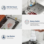 Logmey 33'' Waterfall Workstation Sink - Drop-In Single Bowl with Faucet & Cup Washer - Silver Stainless Steel