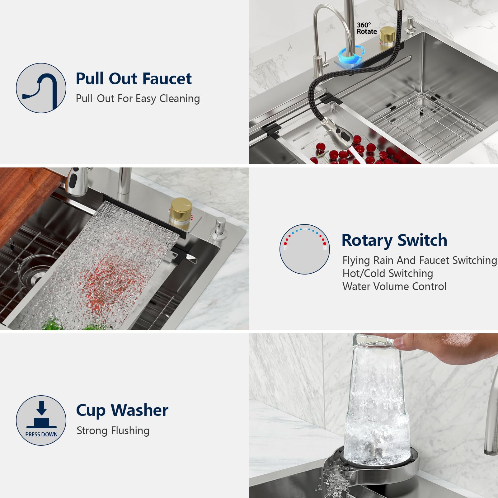 Logmey 33'' Waterfall Workstation Sink - Drop-In Single Bowl with Faucet & Cup Washer - Silver Stainless Steel