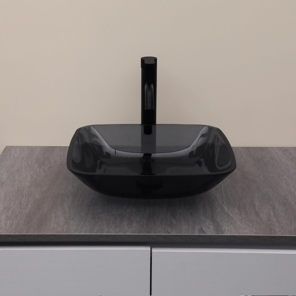 Logmey 16'' Bathroom Vessel Sink - Square Countertop Single Bowl with Drain & Vanity Top - Gray Tempered Glass