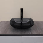 Logmey 16'' Bathroom Vessel Sink - Square Countertop Single Bowl with Drain & Vanity Top - Gray Tempered Glass