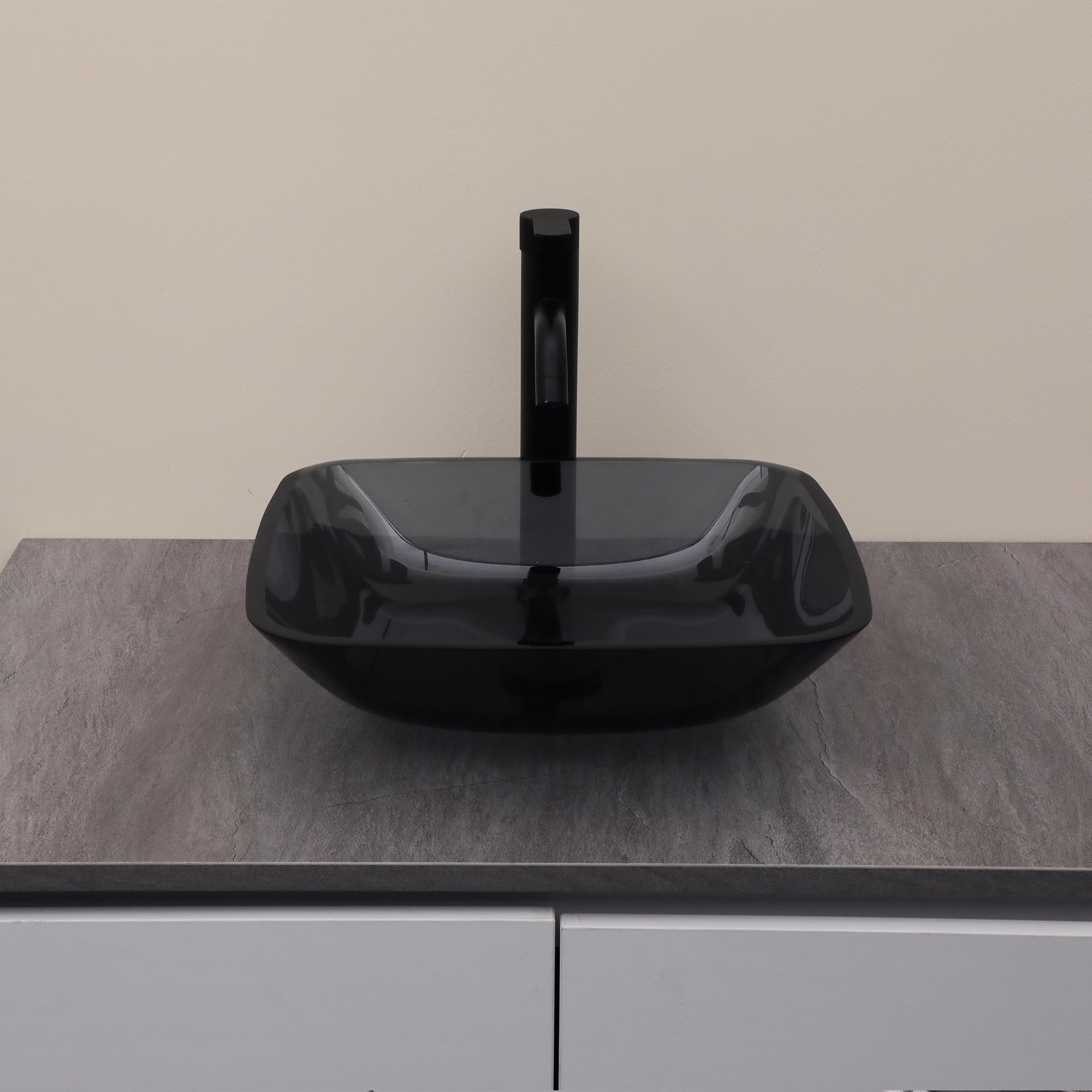 Logmey 16'' Bathroom Vessel Sink - Square Countertop Single Bowl with Drain & Vanity Top - Gray Tempered Glass