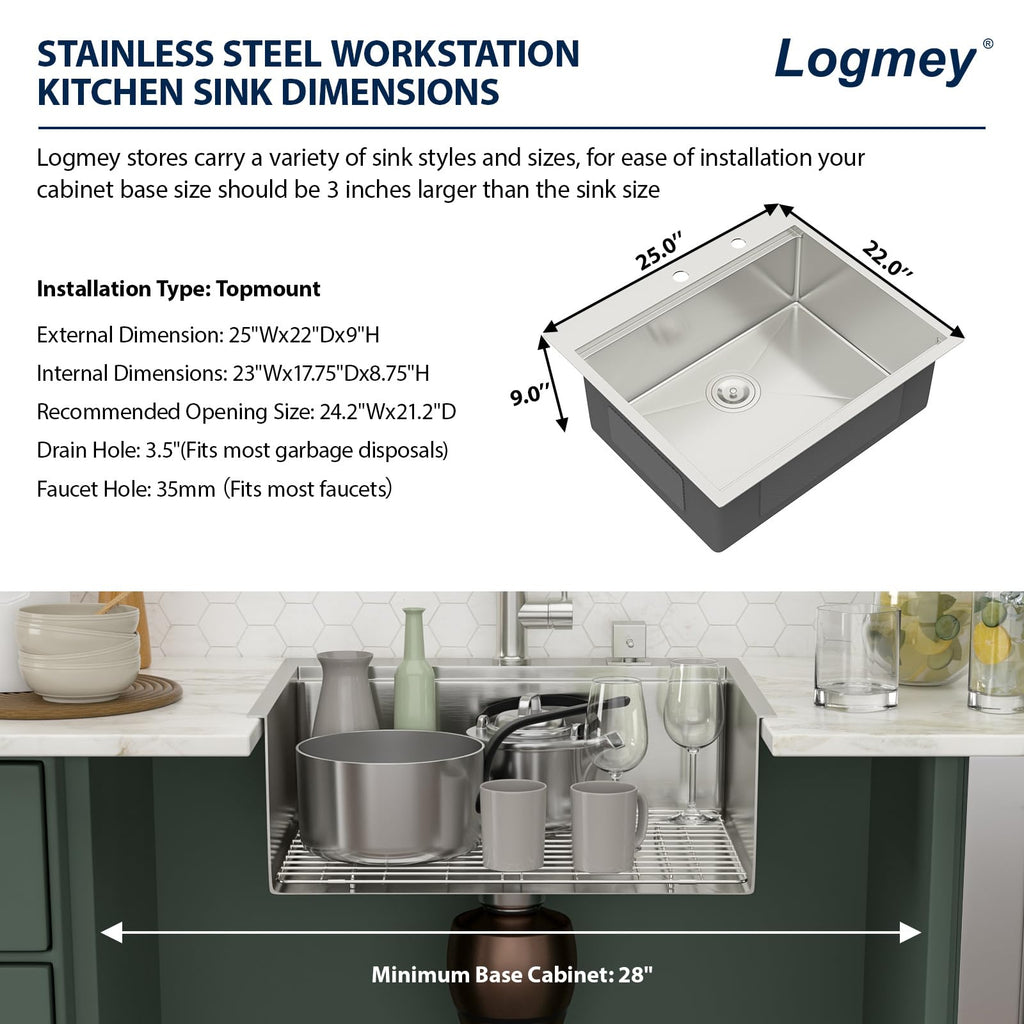 Logmey 25'' Workstation Bar Sink - Drop-In Single Bowl - Silver Stainless Steel