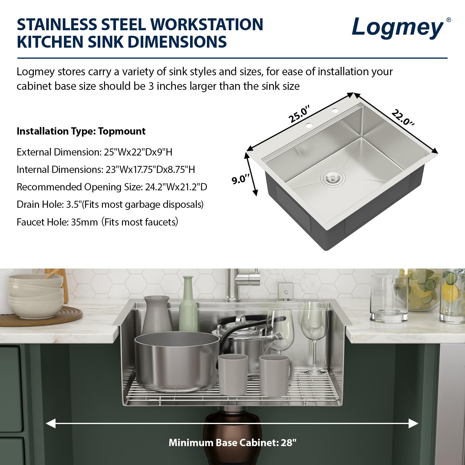 Logmey 25'' Workstation Bar Sink - Drop-In Single Bowl - Silver Stainless Steel
