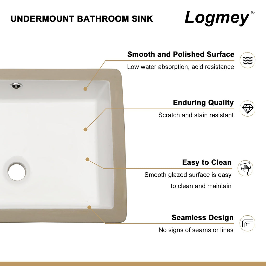 Logmey 20''x14'' Bathroom Sink - Undermount Rectangular Vessel Single Bowl - White Porcelain Ceramic