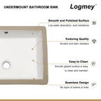 Logmey 20''x14'' Bathroom Sink - Undermount Rectangular Vessel Single Bowl - White Porcelain Ceramic