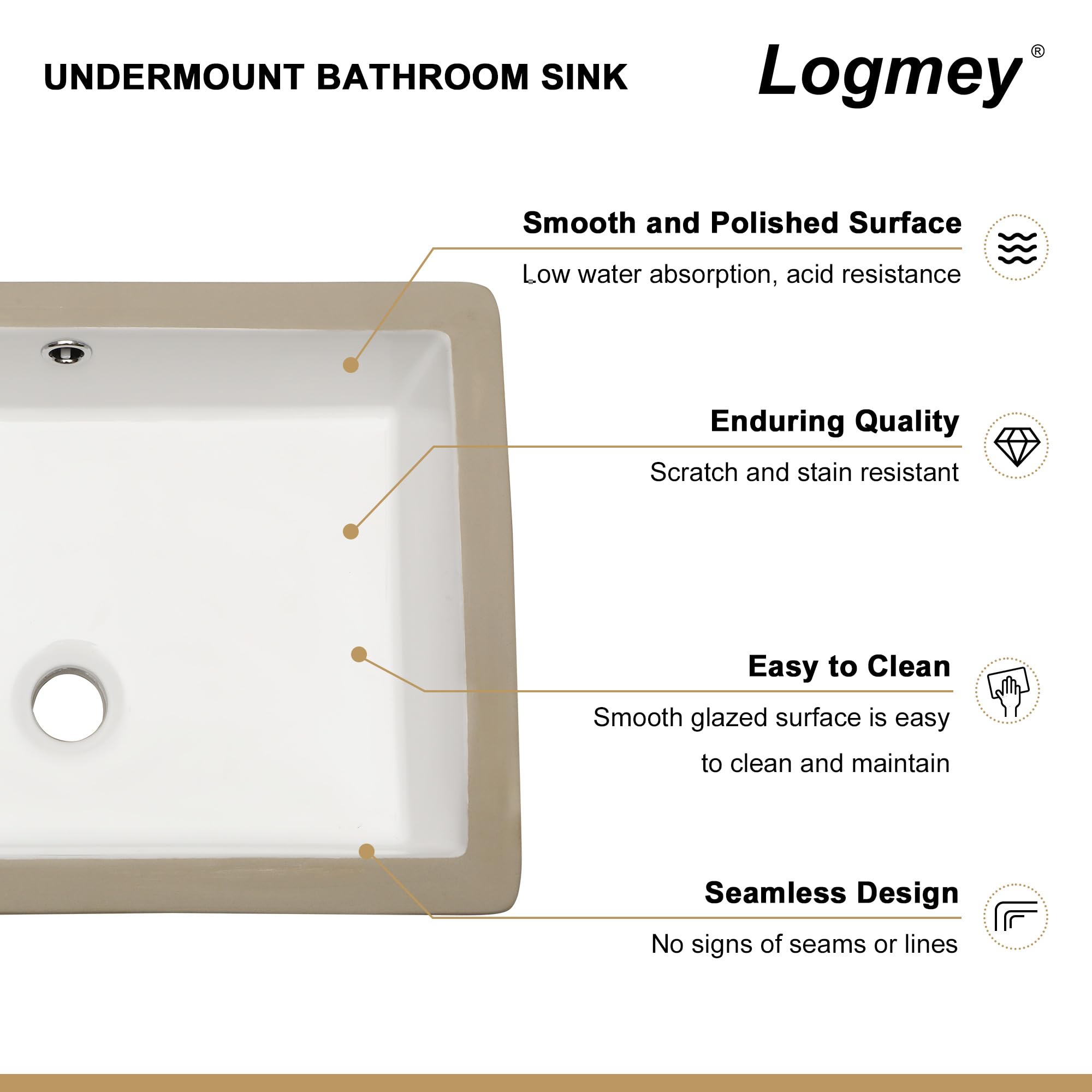 Logmey 20''x14'' Bathroom Sink - Undermount Rectangular Vessel Single Bowl - White Porcelain Ceramic