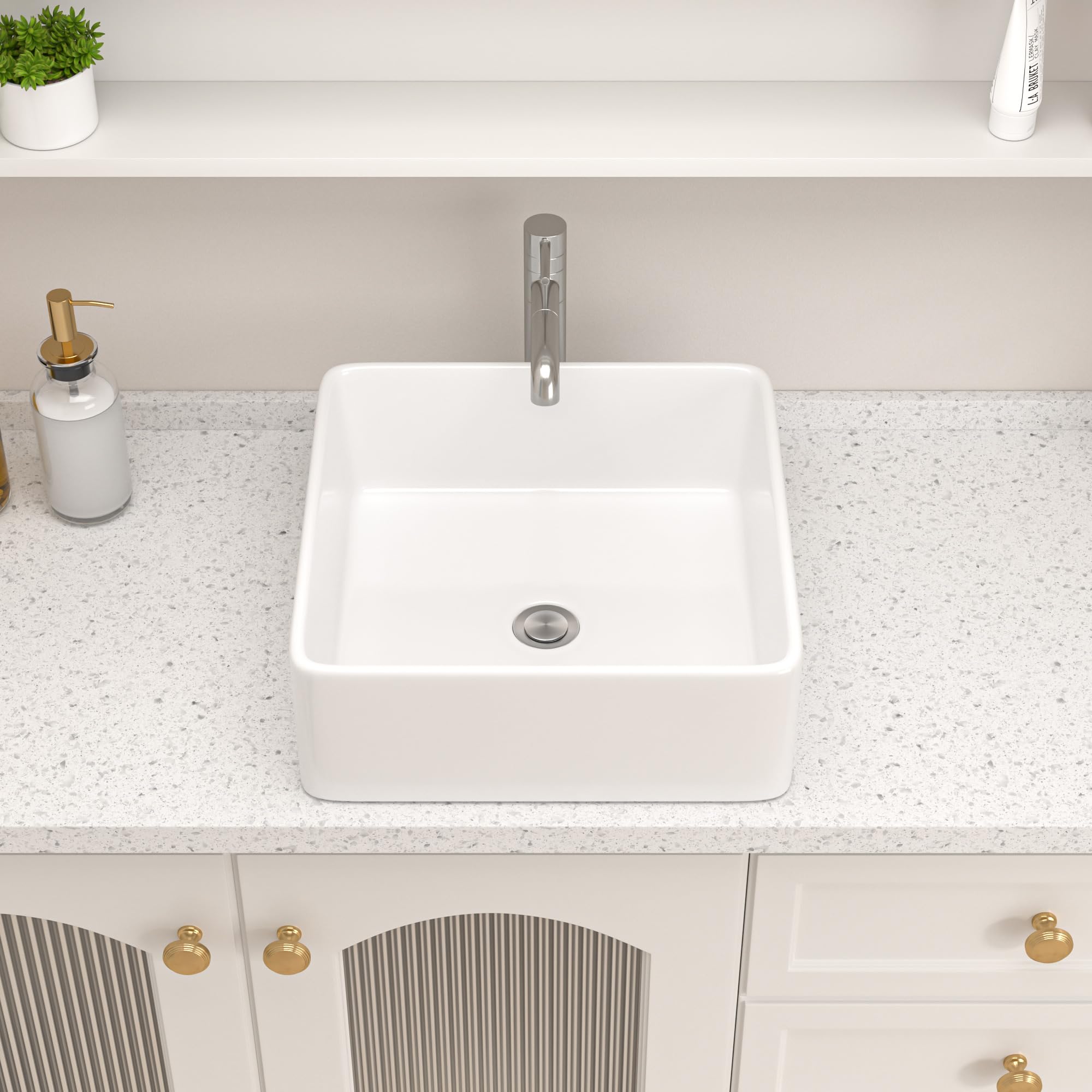 Logmey 15x15 Inch Square Above Counter White Porcelain Ceramic Bathroom Vessel Sink