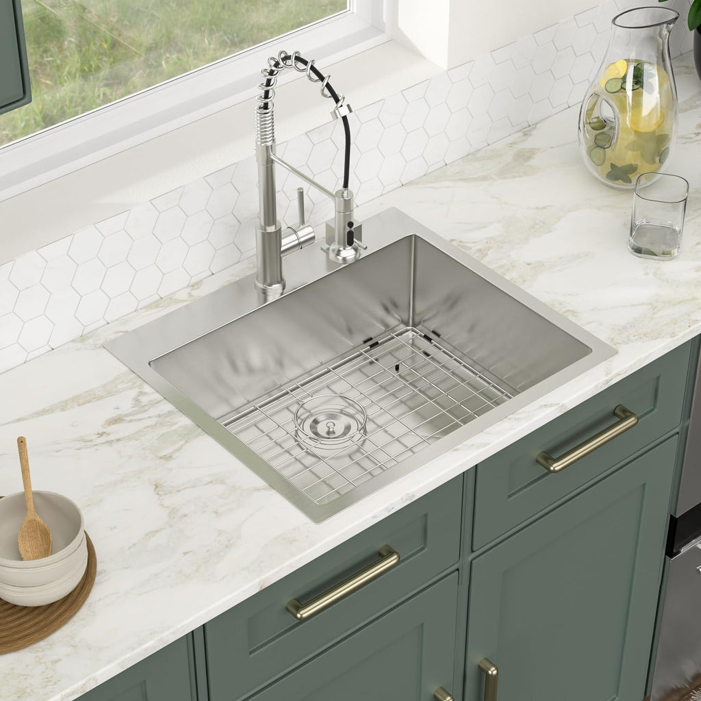 Logmey 25'' Bar Prep Sink - Drop-In Topmount Single Bowl - Silver Stainless Steel