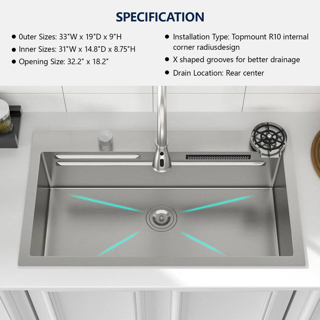Logmey 33'' Waterfall Workstation Sink - Drop-In Single Bowl with Faucet & Cup Washer - Silver Stainless Steel