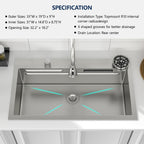 Logmey 33'' Waterfall Workstation Sink - Drop-In Single Bowl with Faucet & Cup Washer - Silver Stainless Steel