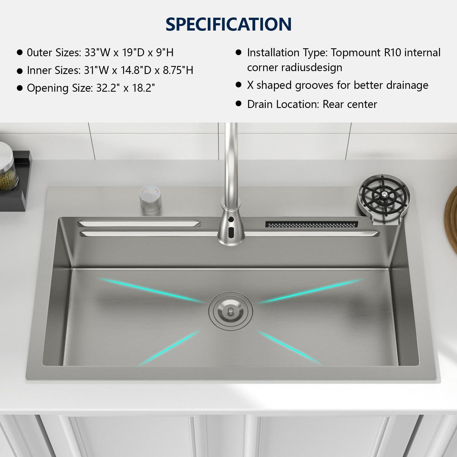 Logmey 33'' Waterfall Workstation Sink - Drop-In Single Bowl with Faucet & Cup Washer - Silver Stainless Steel