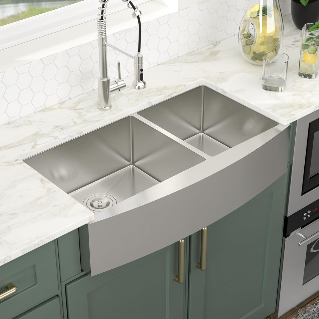 Logmey 36'' Nano Coated Farmhouse Sink - Apron Front 60/40 Double Bowl - Black Stainless Steel