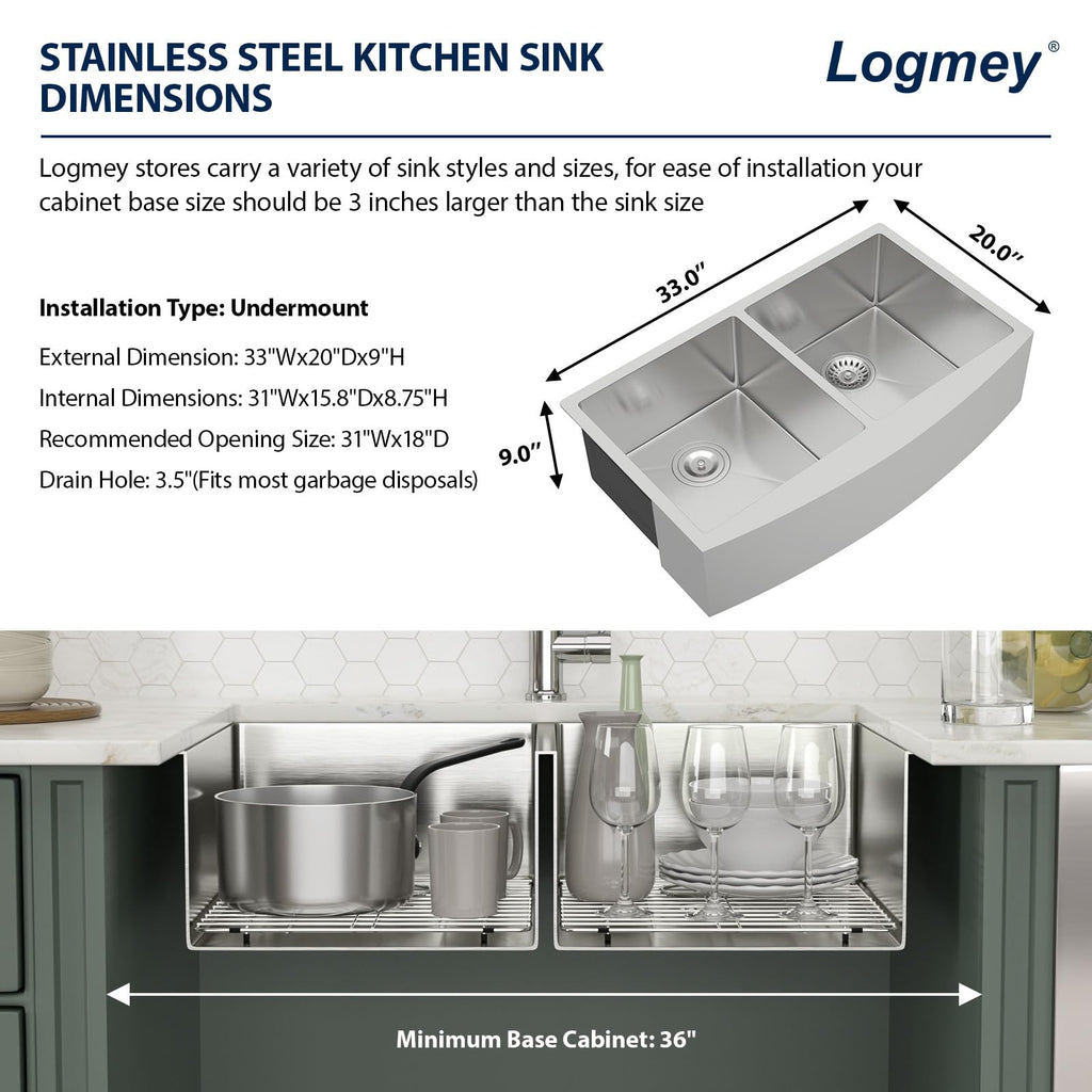 Logmey 33'' Farmhouse Kitchen Sink - Apron Front 50/50 Double Bowl - Silver Stainless Steel