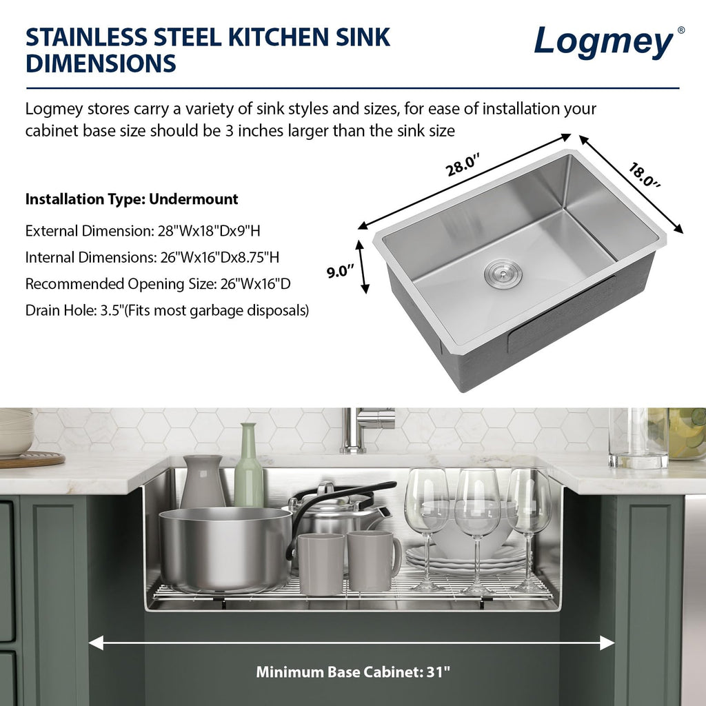 Logmey 28''x18'' Kitchen Sink - Undermount Single Bowl - Silver Stainless Steel