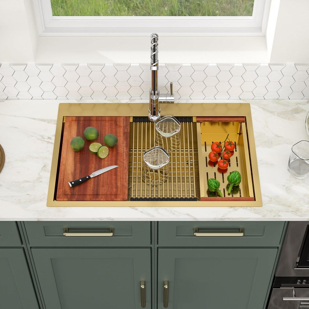 Logmey 33'' Kitchen Sink - Drop-In Single Bowl - Gold Stainless Steel