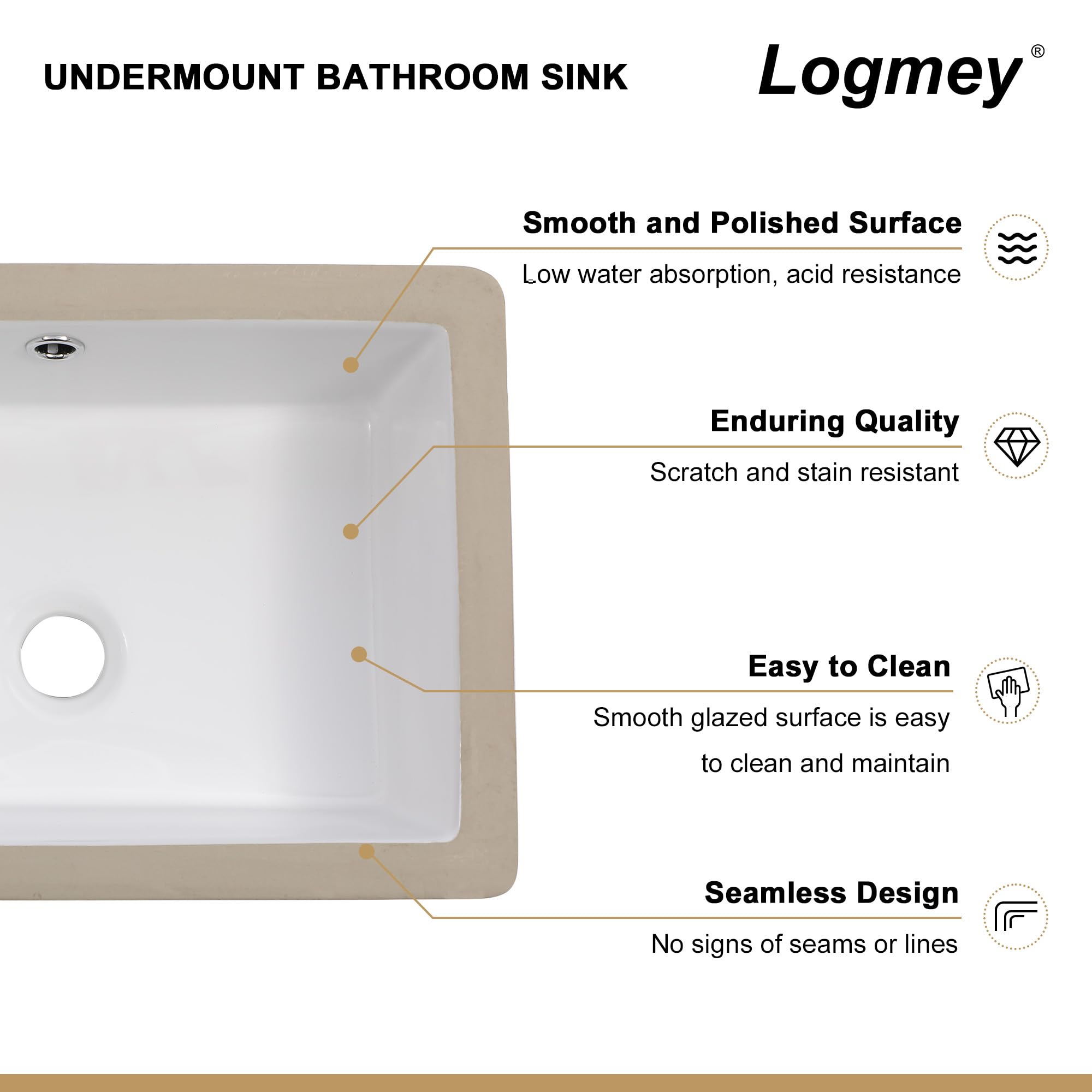 Logmey 18 x12 Inch Undermount Pure White Porcelain Ceramic Bathroom Vessel Sink