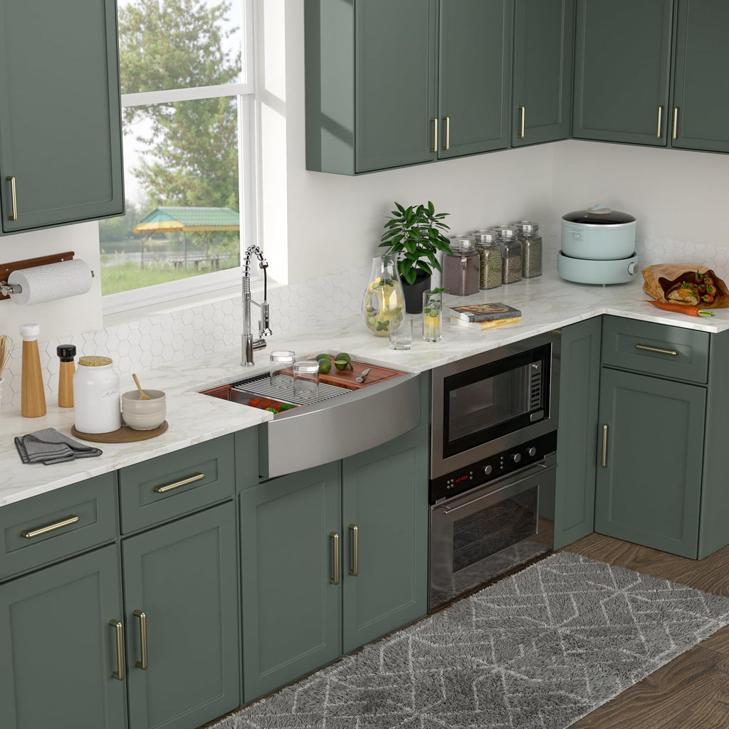 Logmey 33'' Workstation Farmhouse Sink - Apron Front 60/40 Low Divide Double Bowl - Silver Stainless Steel