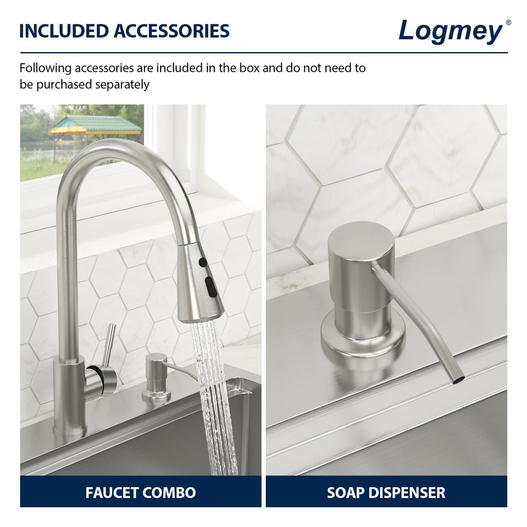 Logmey 25'' Workstation Kitchen Sink - Drop-In Single Bowl with Pull-out Faucet - Silver Stainless Steel