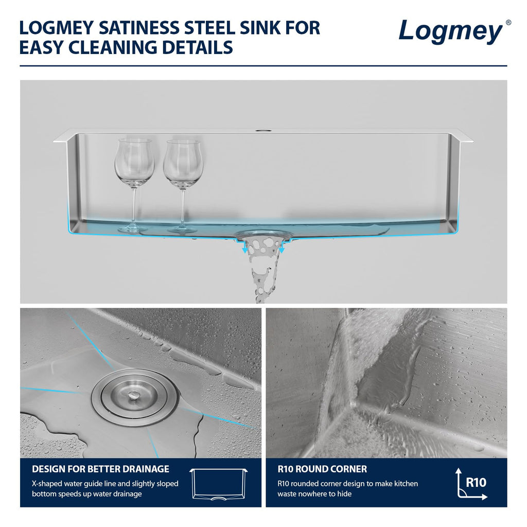 Logmey 36'' Kitchen Sink - Drop-In Round Corner Single Bowl - Silver Stainless Steel