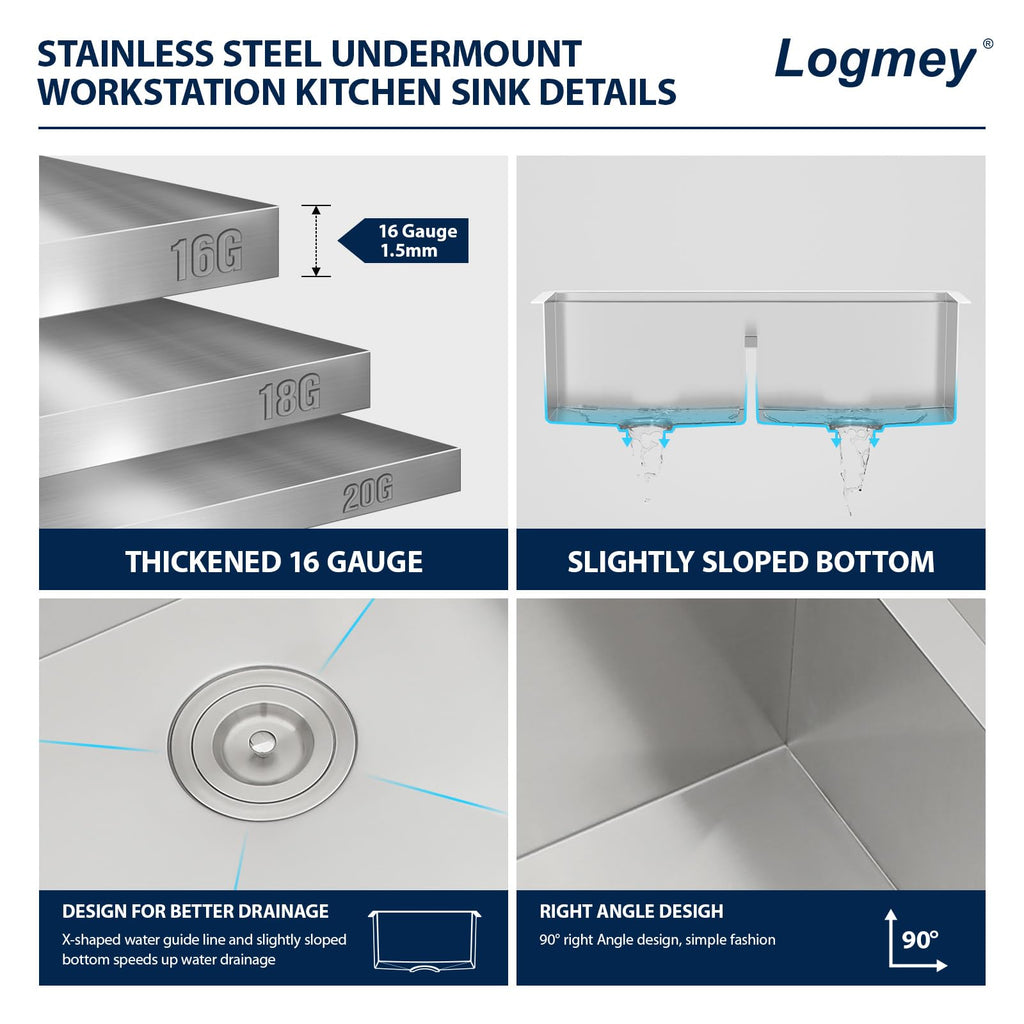 Logmey 36'' Workstation Kitchen Sink - Undermount Single Bowl - Silver Stainless Steel