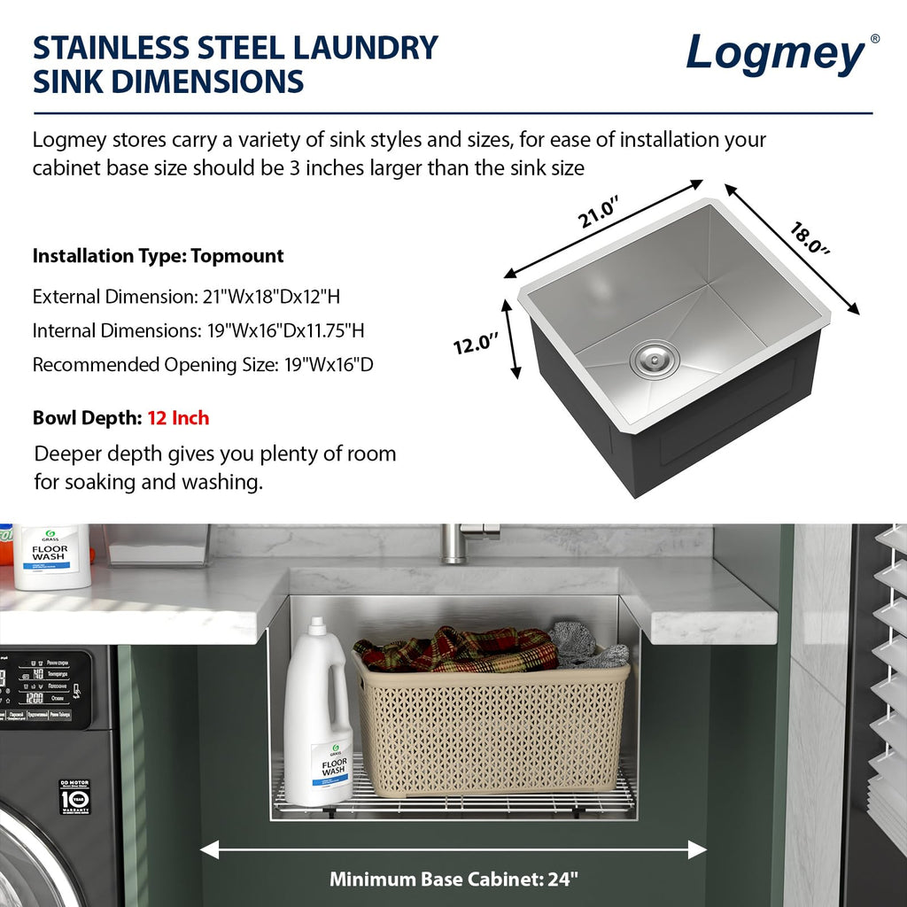 Logmey 21'' Laundry Utility Sink - Undermount Deep Single Bowl - Silver Stainless Steel