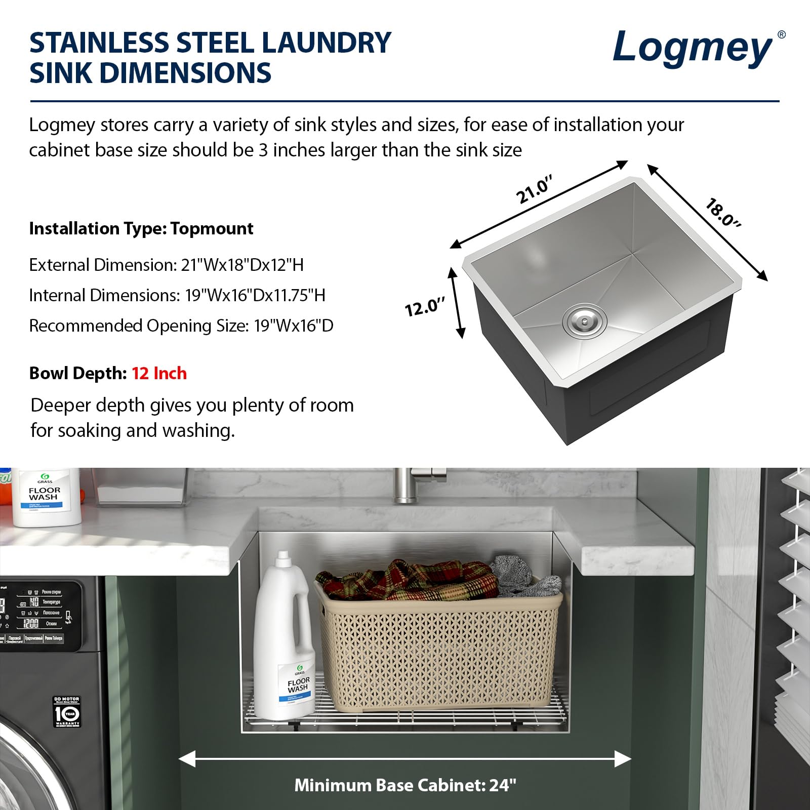 Logmey 21'' Laundry Utility Sink - Undermount Deep Single Bowl - Silver Stainless Steel