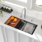 Logmey 33'' Waterfall Kitchen Sink - Undermount Single Bowl with Pull-out Faucet & Control Knob - Silver Stainless Steel