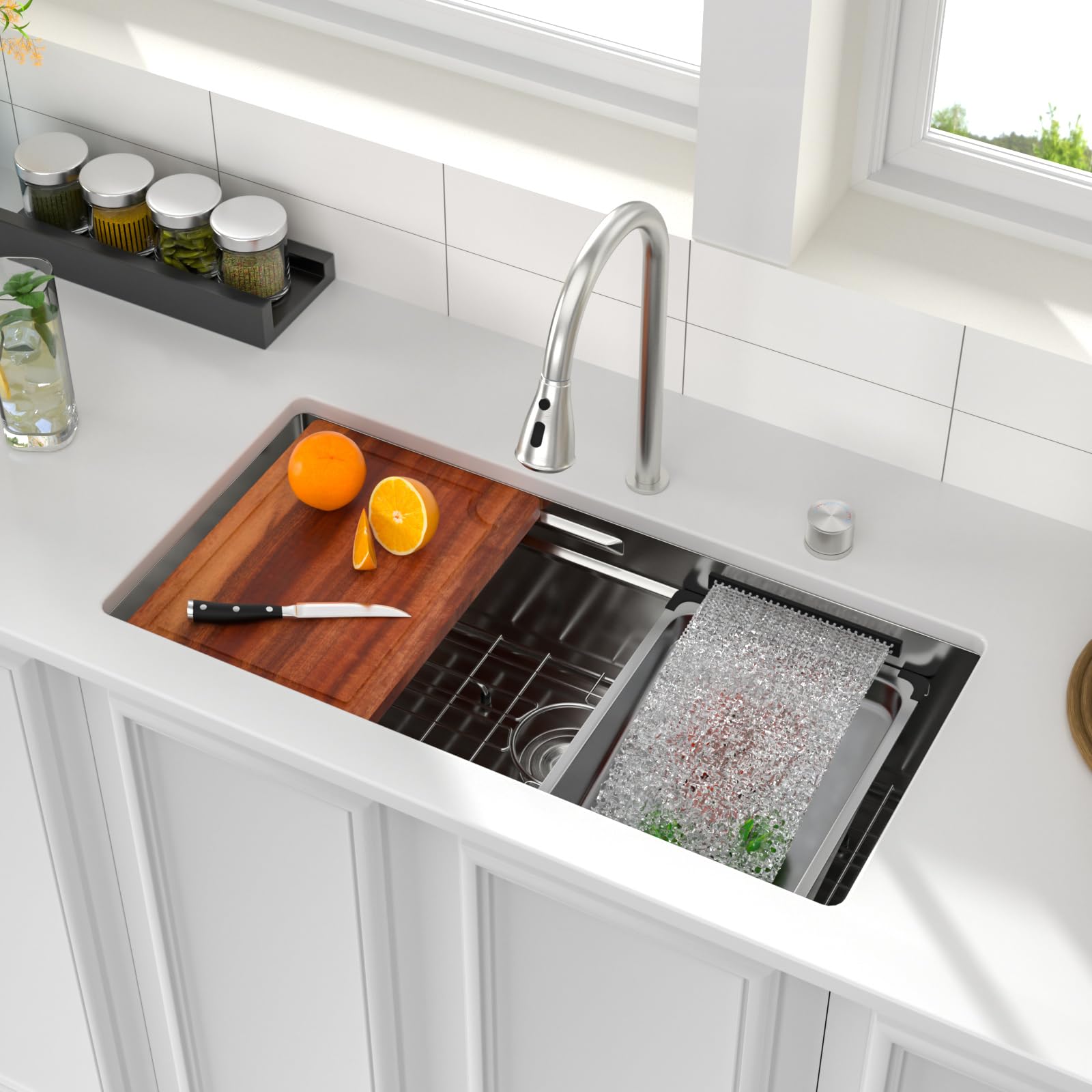 Logmey 33'' Waterfall Kitchen Sink - Undermount Single Bowl with Pull-out Faucet & Control Knob - Silver Stainless Steel