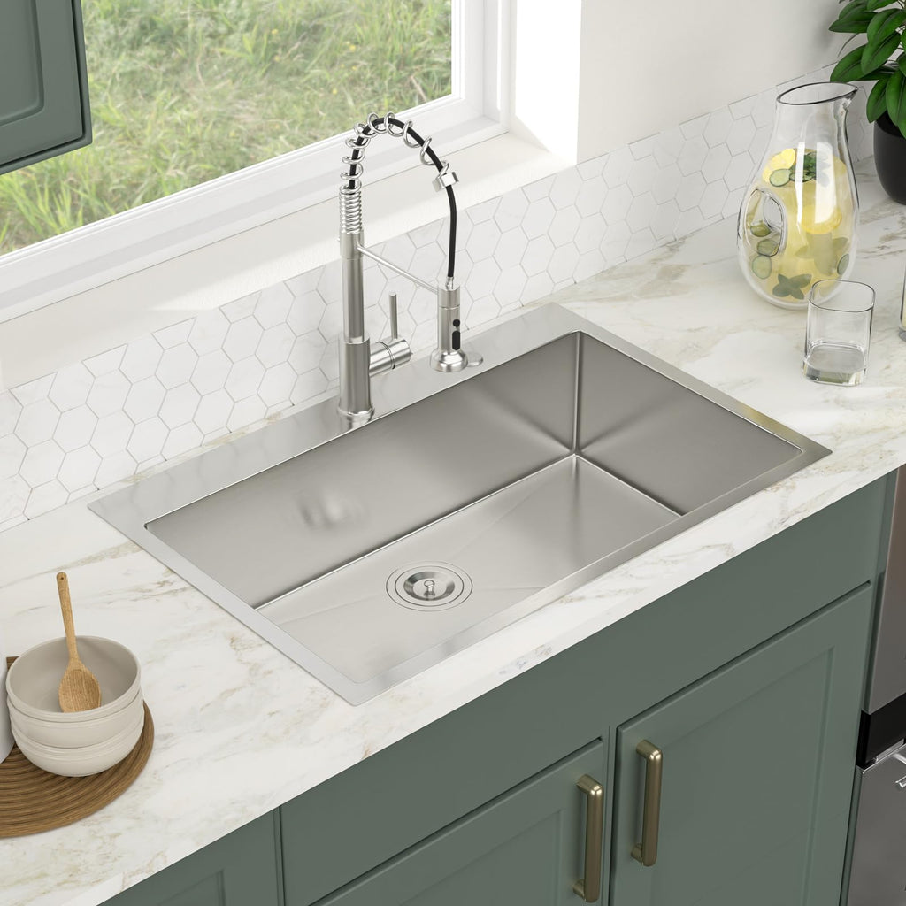 Logmey 33'' Kitchen Sink - Drop-In Topmount Single Bowl - Silver Stainless Steel