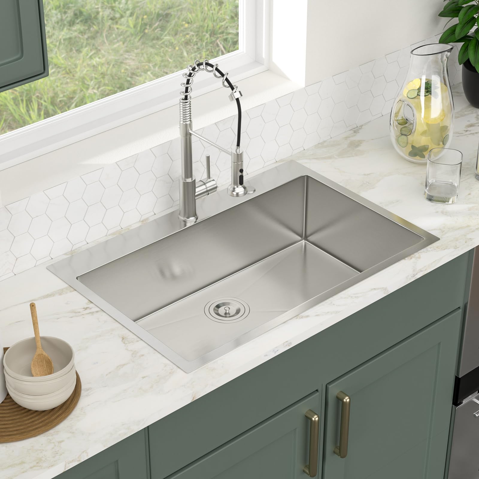 Logmey 33'' Kitchen Sink - Drop-In Topmount Single Bowl - Silver Stainless Steel