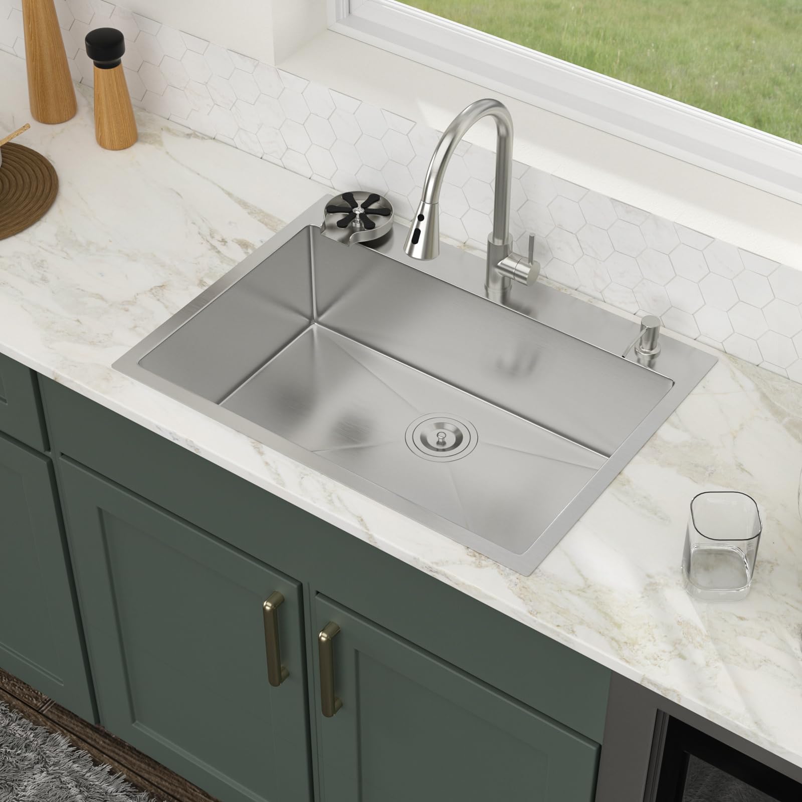 Logmey 30'' Kitchen Sink - Drop-In Single Bowl with Faucet & Cup Washer - Silver Stainless Steel