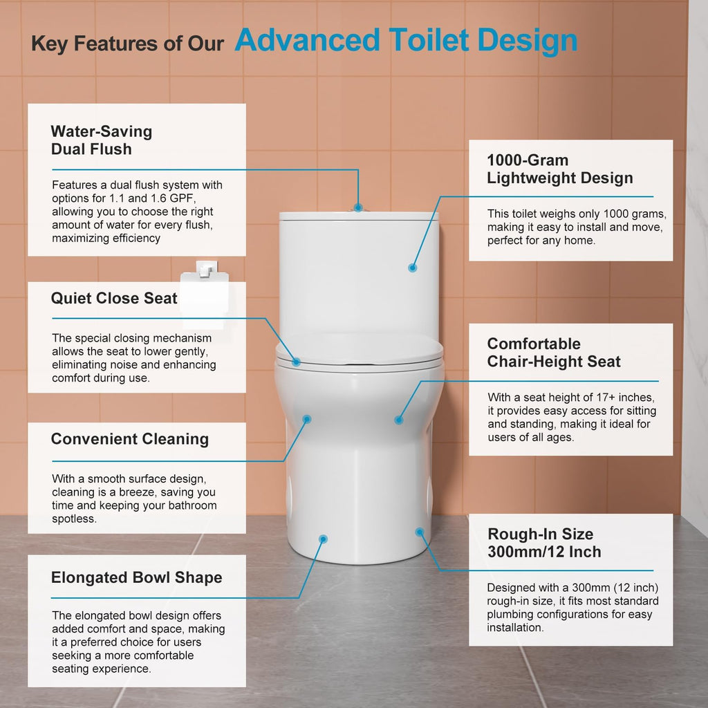 Logmey Elongated One Piece Toilet - White Comfort Height Design