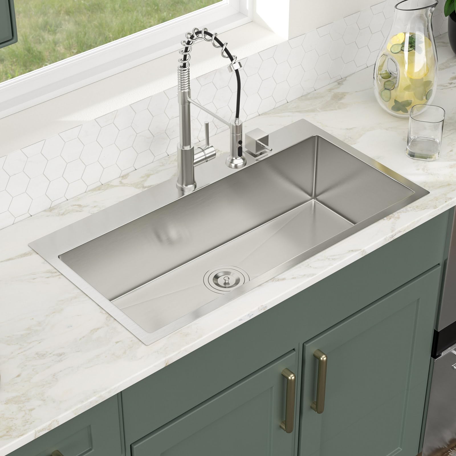 Logmey 36'' Kitchen Sink - Drop-In Round Corner Single Bowl - Silver Stainless Steel
