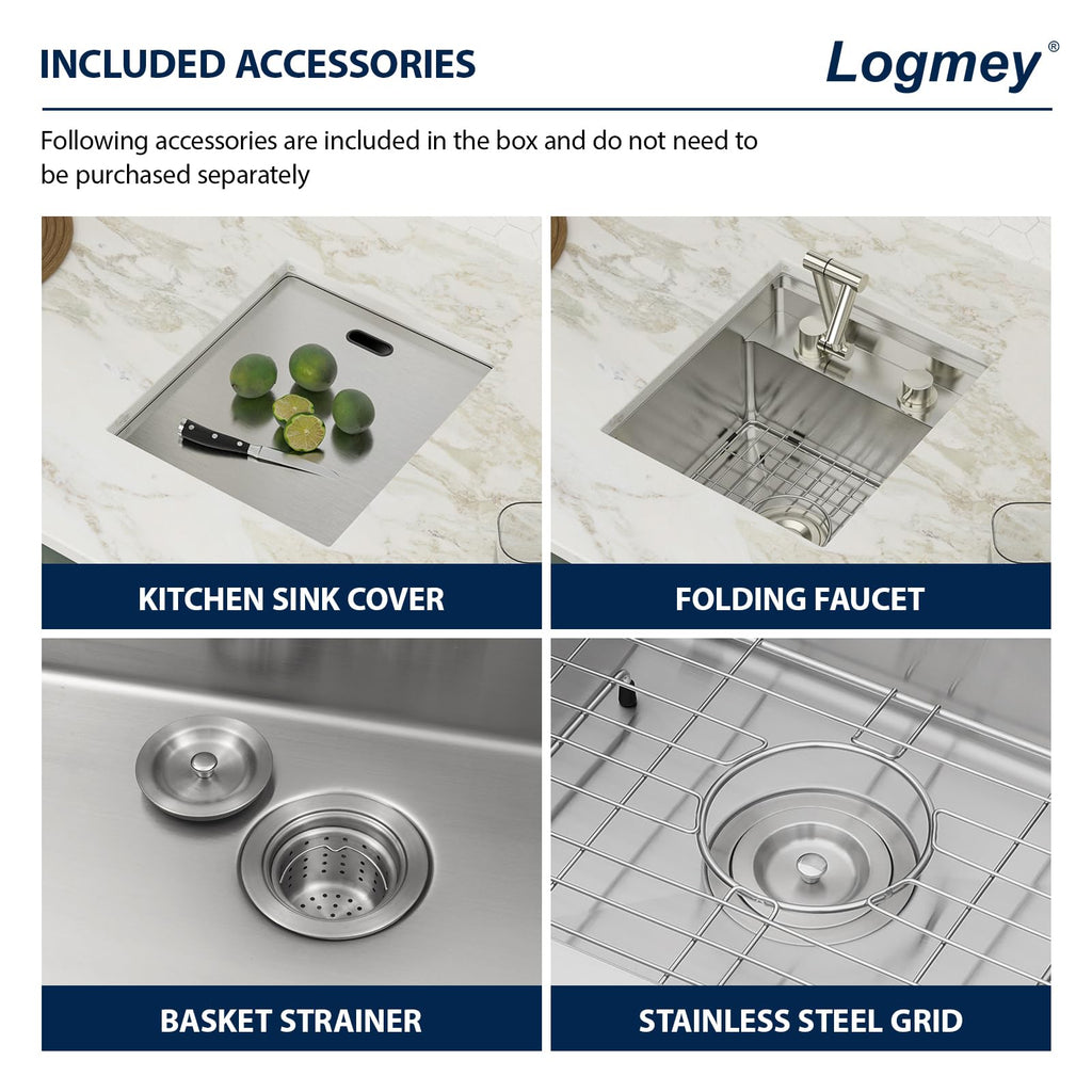 Logmey15x17 Inch Undermount Single Bowl Stainless Steel Bar Sink with Foldable Faucet and Cover