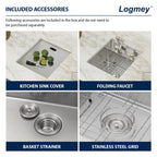 Logmey15x17 Inch Undermount Single Bowl Stainless Steel Bar Sink with Foldable Faucet and Cover