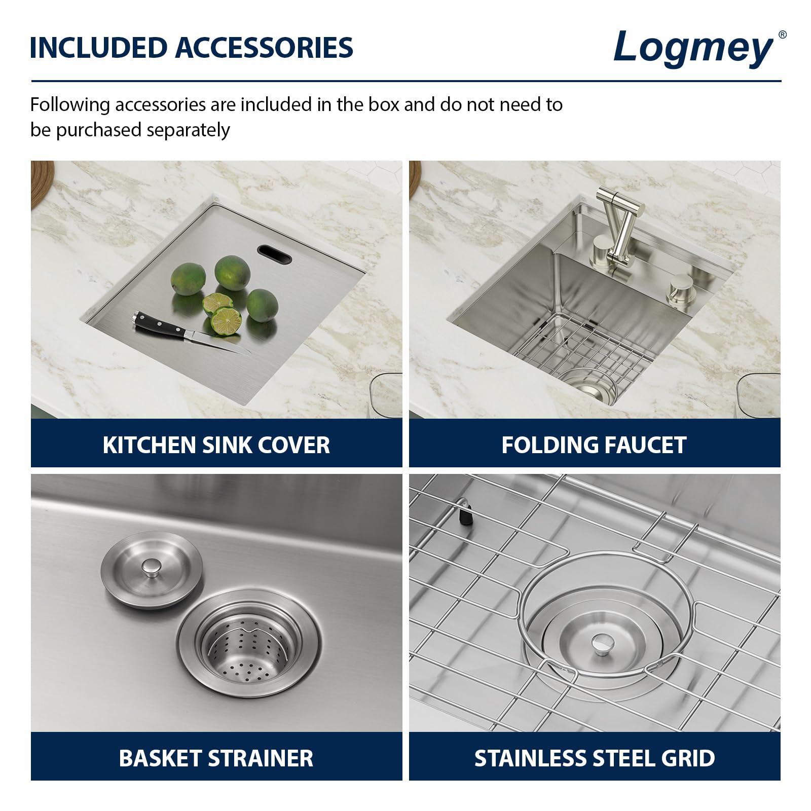 Logmey15x17 Inch Undermount Single Bowl Stainless Steel Bar Sink with Foldable Faucet and Cover