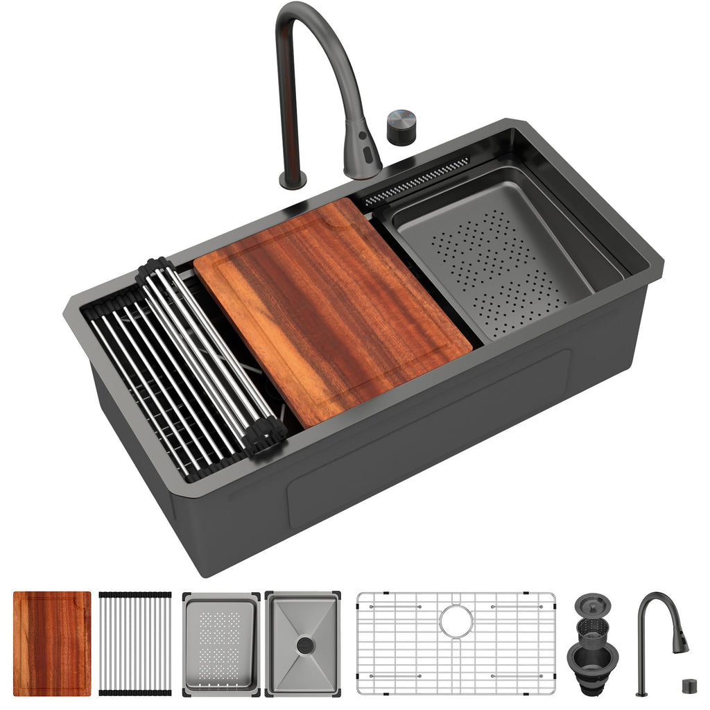 Logmey 33'' Double Step Waterfall Workstation Sink - Undermount Single Bowl with Faucet - Gunmetal Black NANO-PVD Stainless Steel